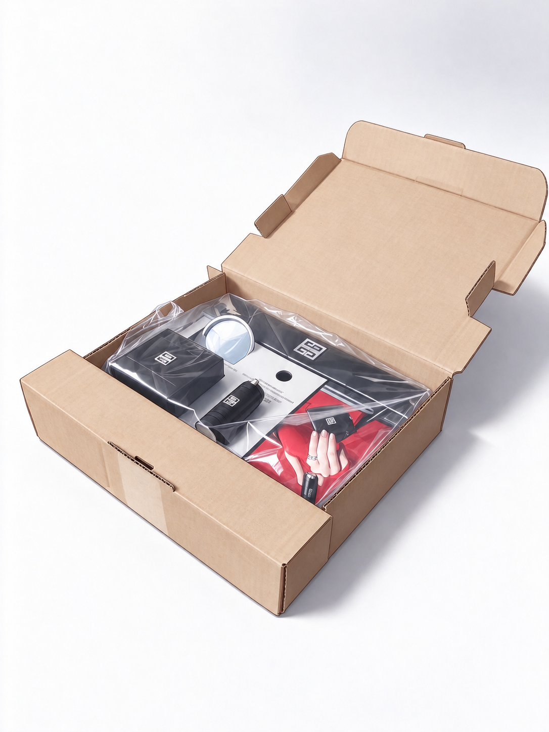 组合产品包装效果：多件产品与折叠纸盒组合展示